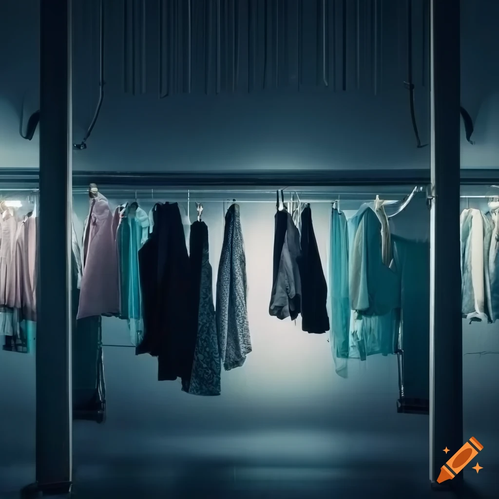 panorama of a laundry hall with hanging clothes and shelves