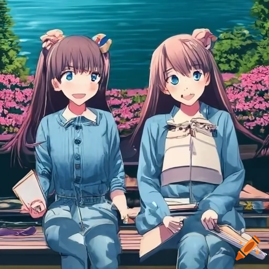 cheerful anime girls studying on a flowering terrace