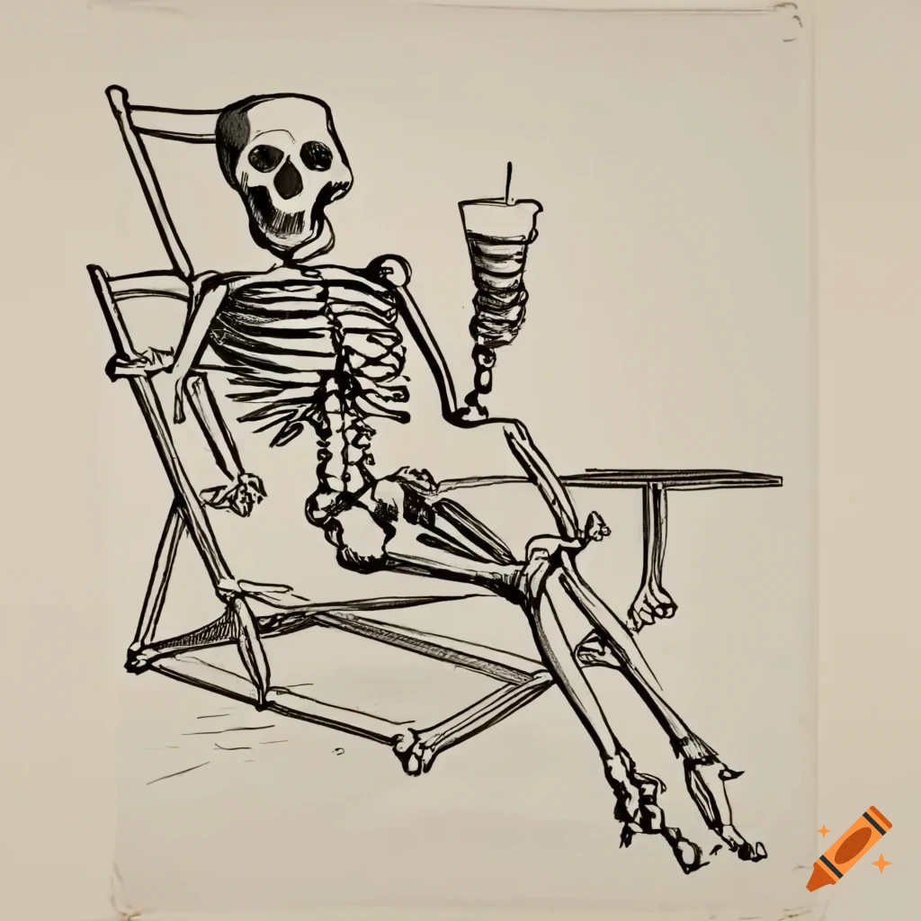 Skeleton enjoying a cocktail on a beach chair