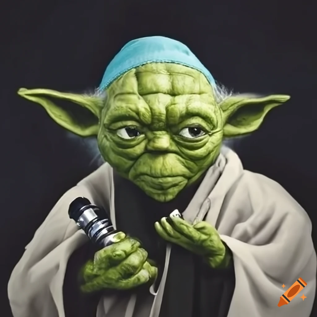 Master Yoda with a lightsaber and surgeon's cap