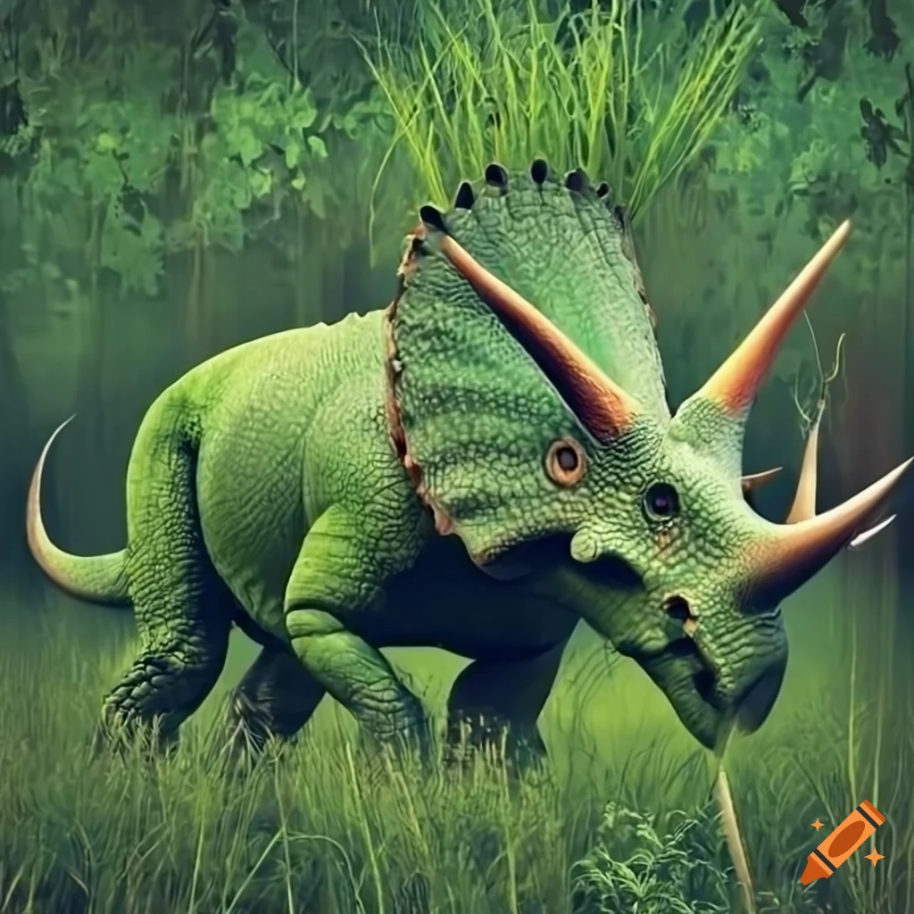 Green triceratops in tall grass