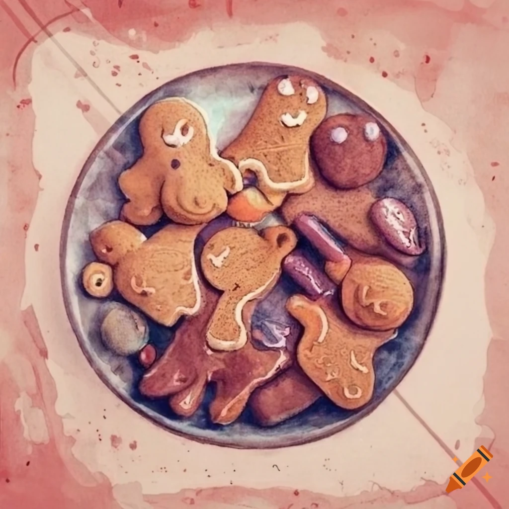 watercolor drawing of gingerbreads on vintage plate