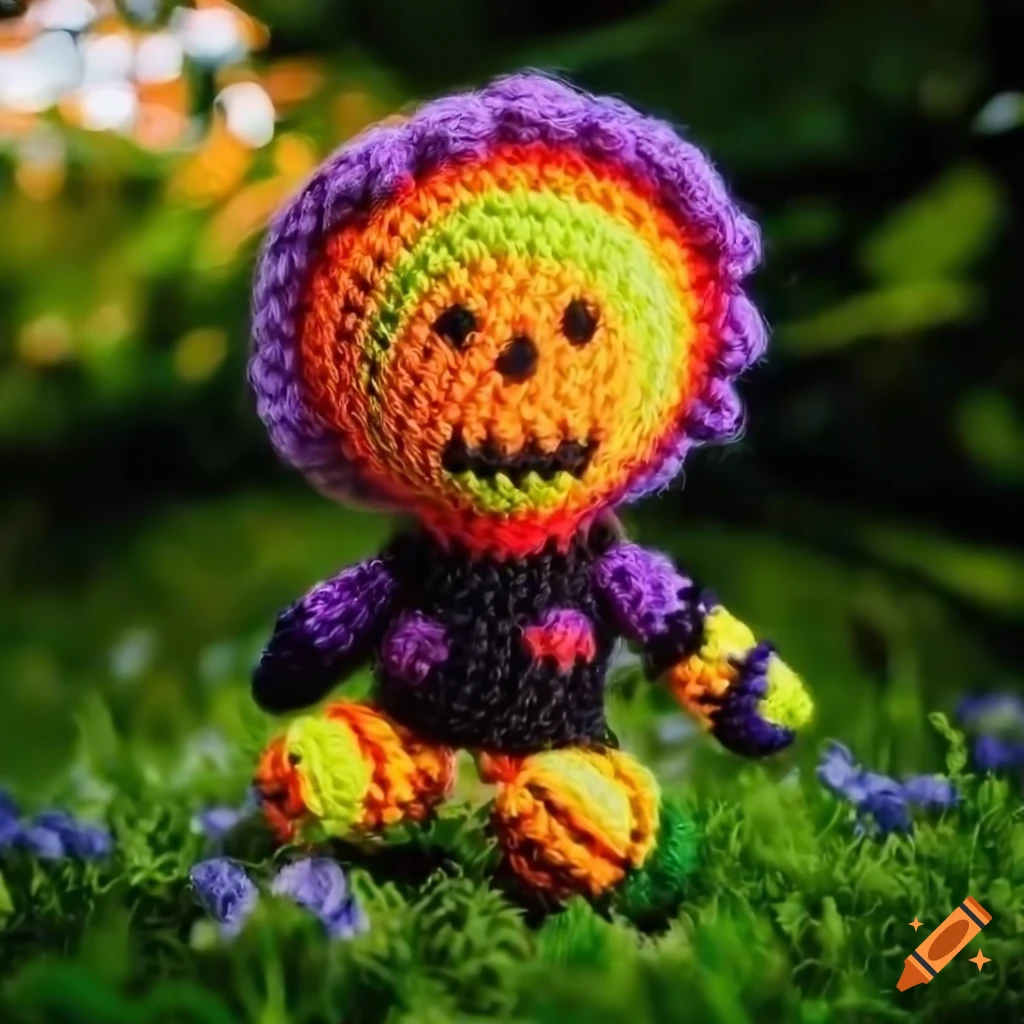 cute knitted Halloween Ghost Rider in a colorful garden