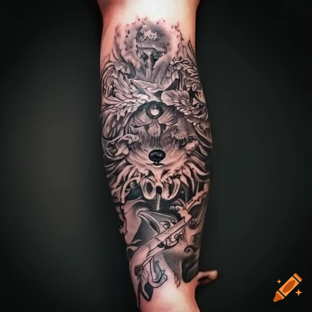 sleeve tattoo design featuring wolves, Philippine sun, Sakura tree, and musical symbols