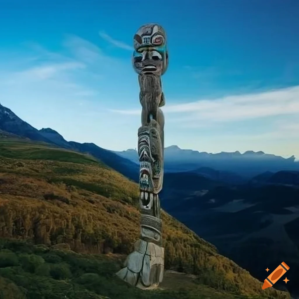 photo of an alien totem pole on a mountainside