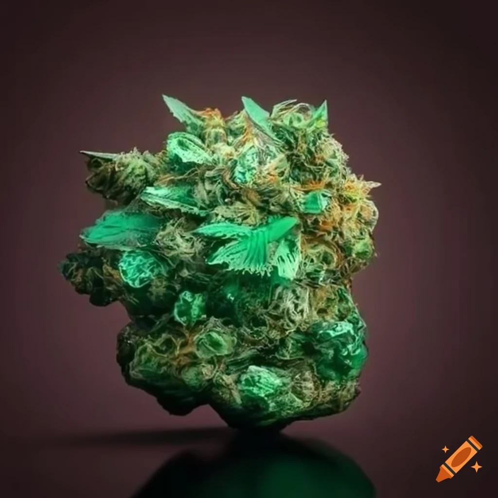 hyperrealistic depiction of a marijuana plant made of green crystals