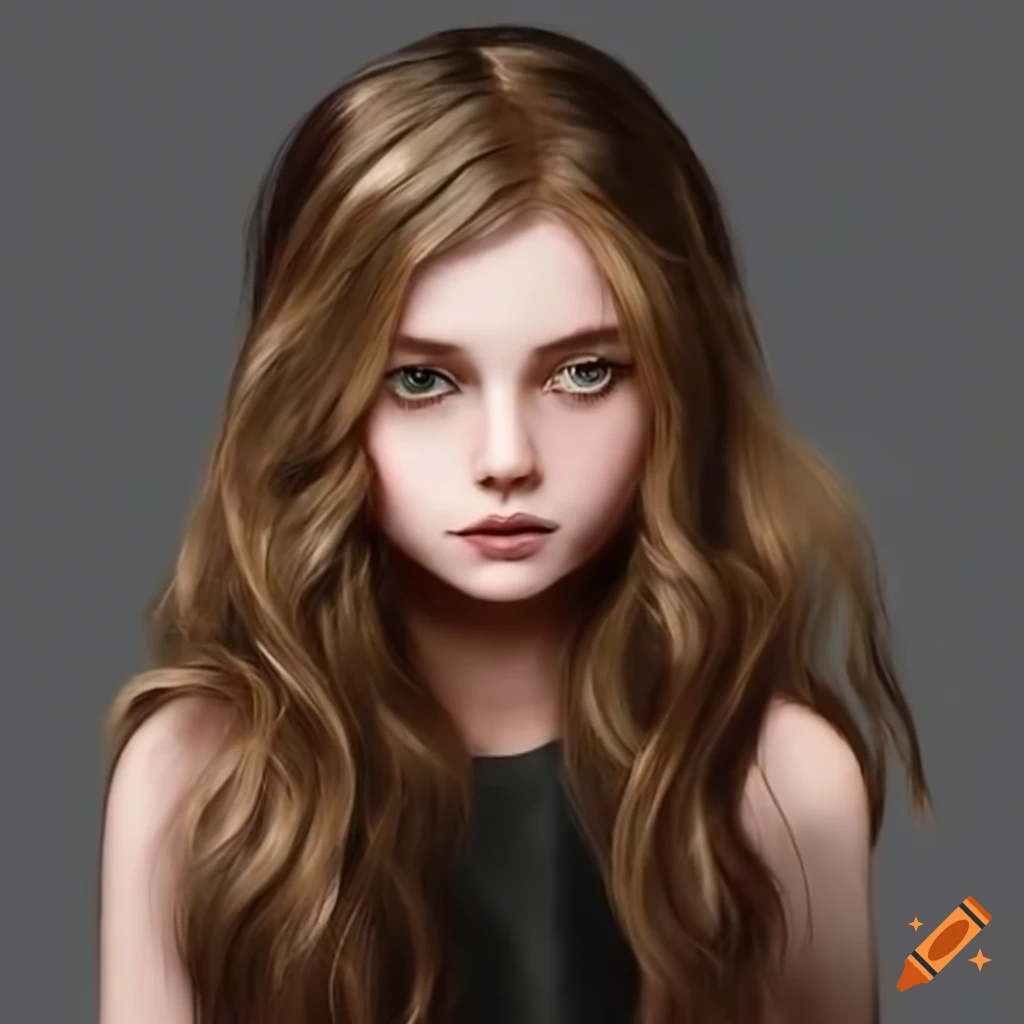 Portrait of a young woman with wavy brown hair and green eyes on Craiyon