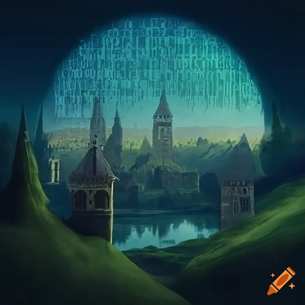 Digital artwork of medieval landscape and binary code on Craiyon