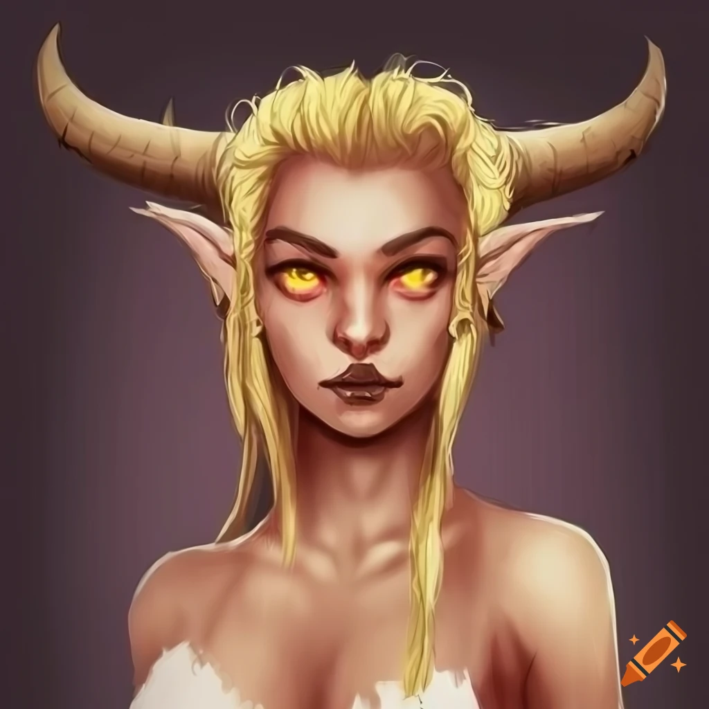 portrait of a female tiefling character with dragon-like horns