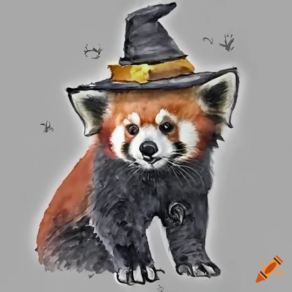 cute red panda wearing a witches hat