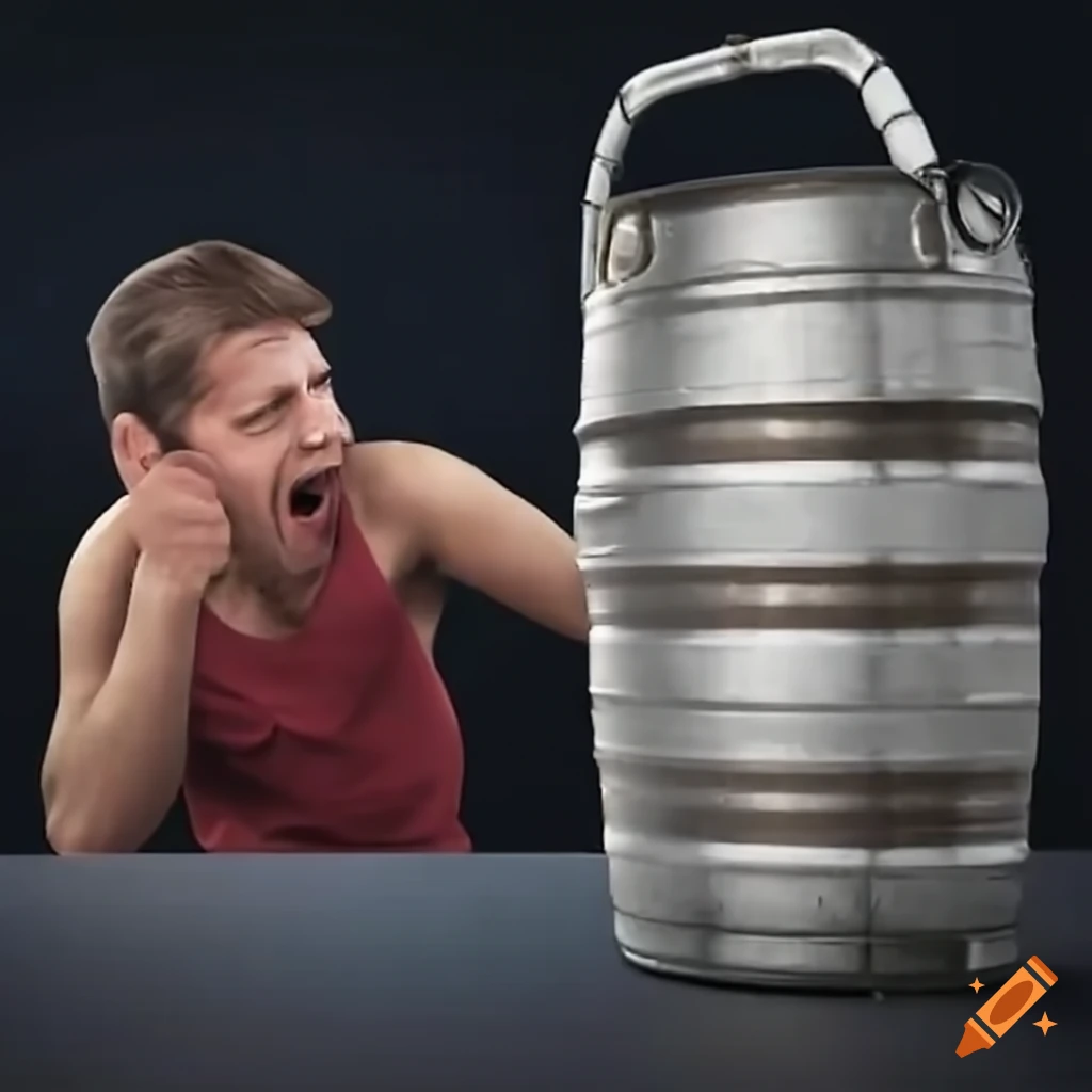 man drinking beer from a keg