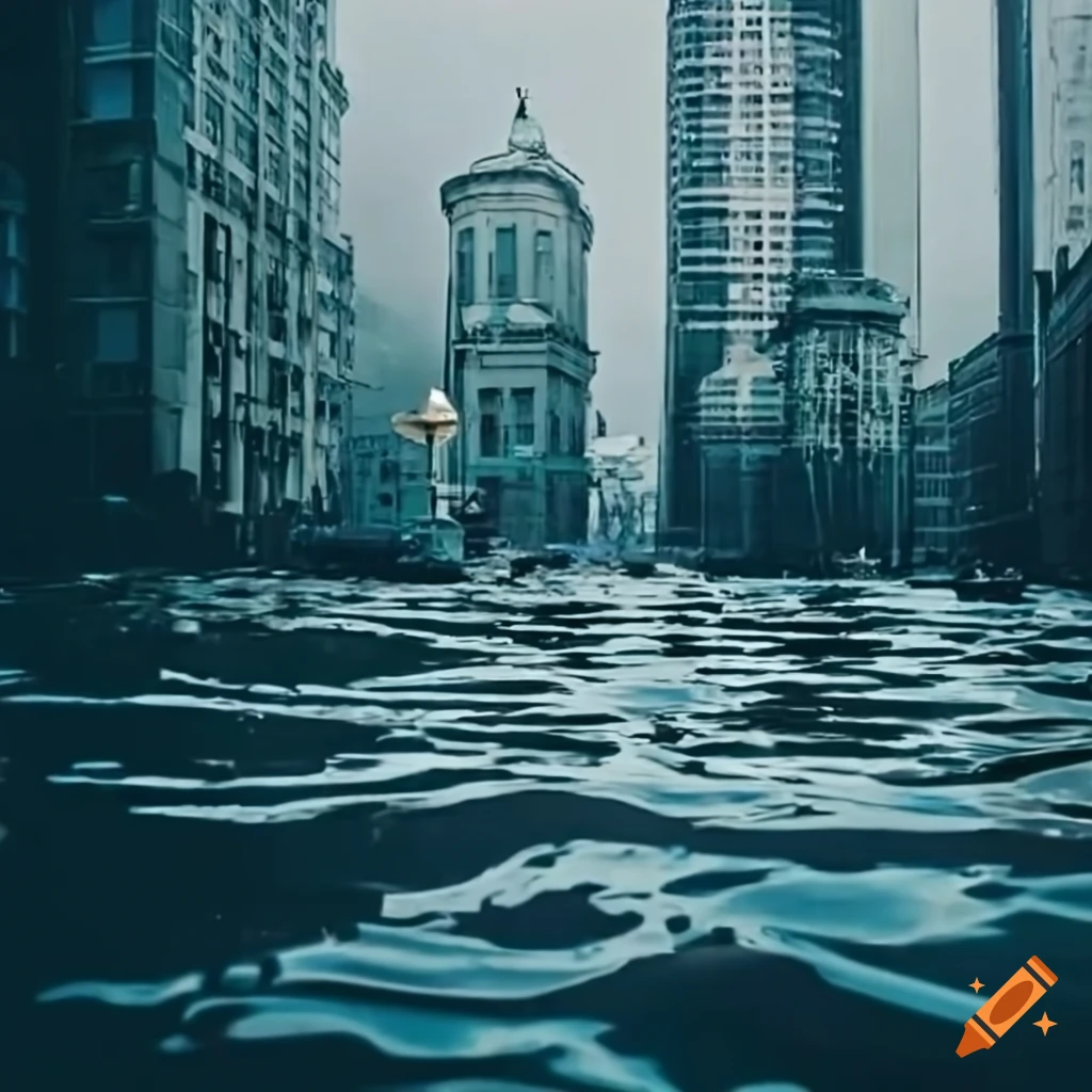 moody urban city flooded with water
