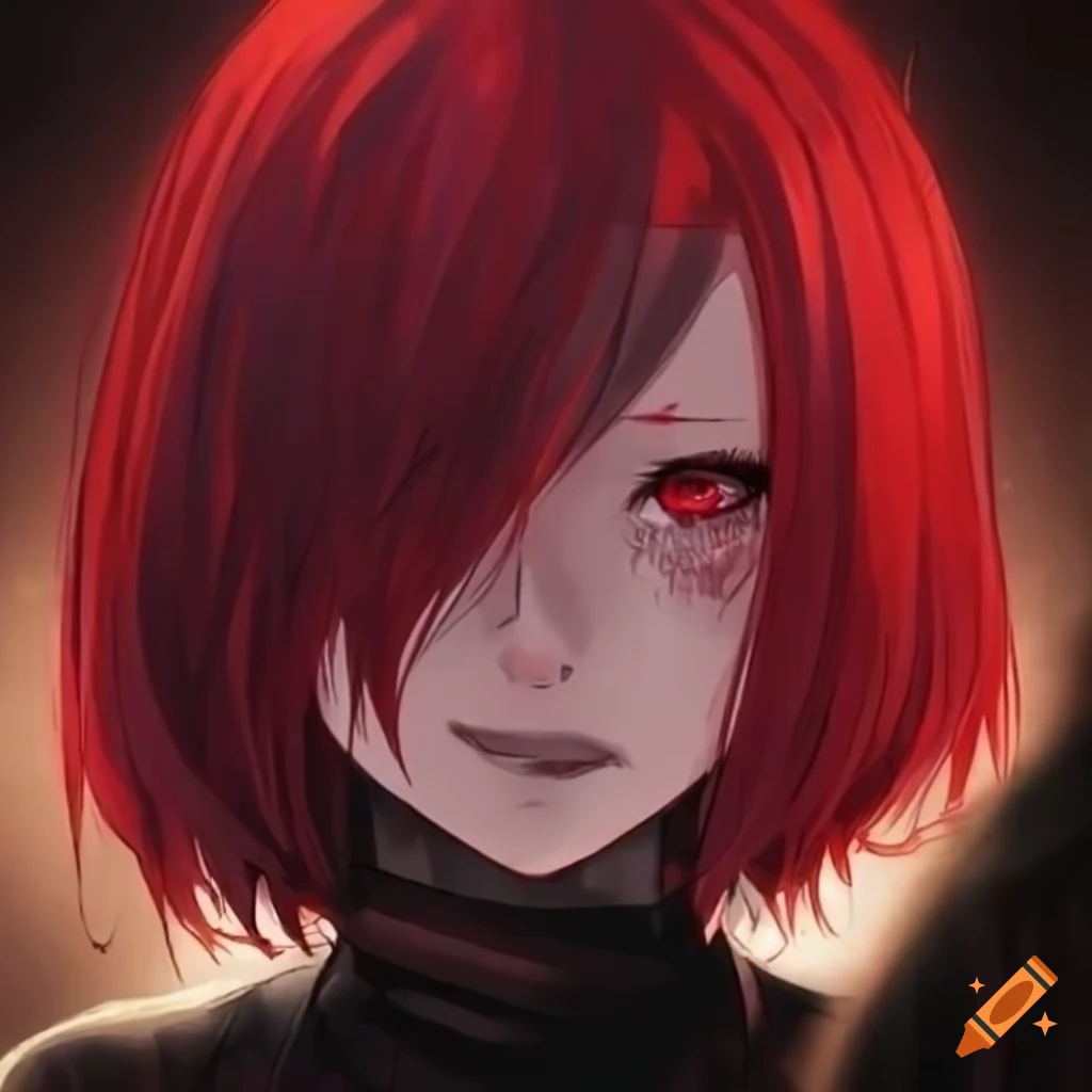 Fire force anime art style, female with short red hair and heterochromatic  black and orange eyes