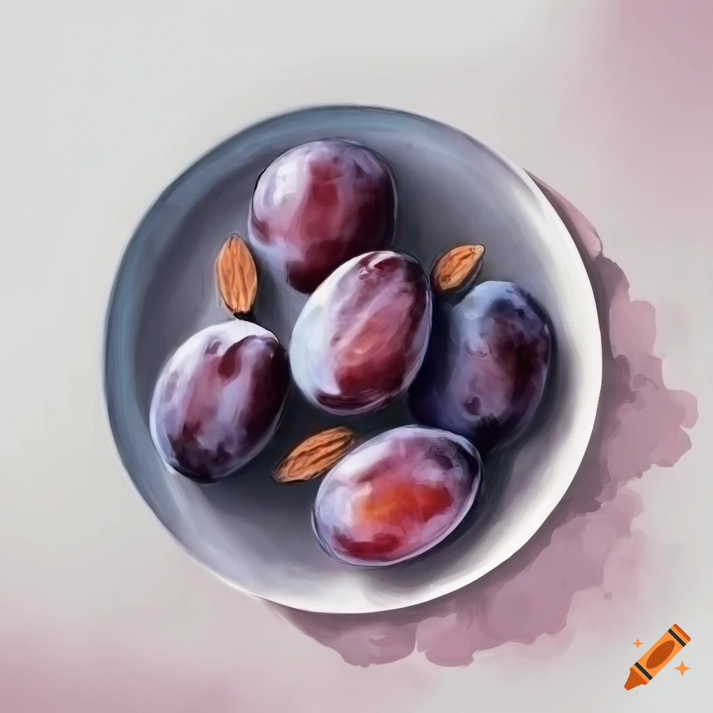 Watercolor drawing of plums with sugar cream and almonds on Craiyon