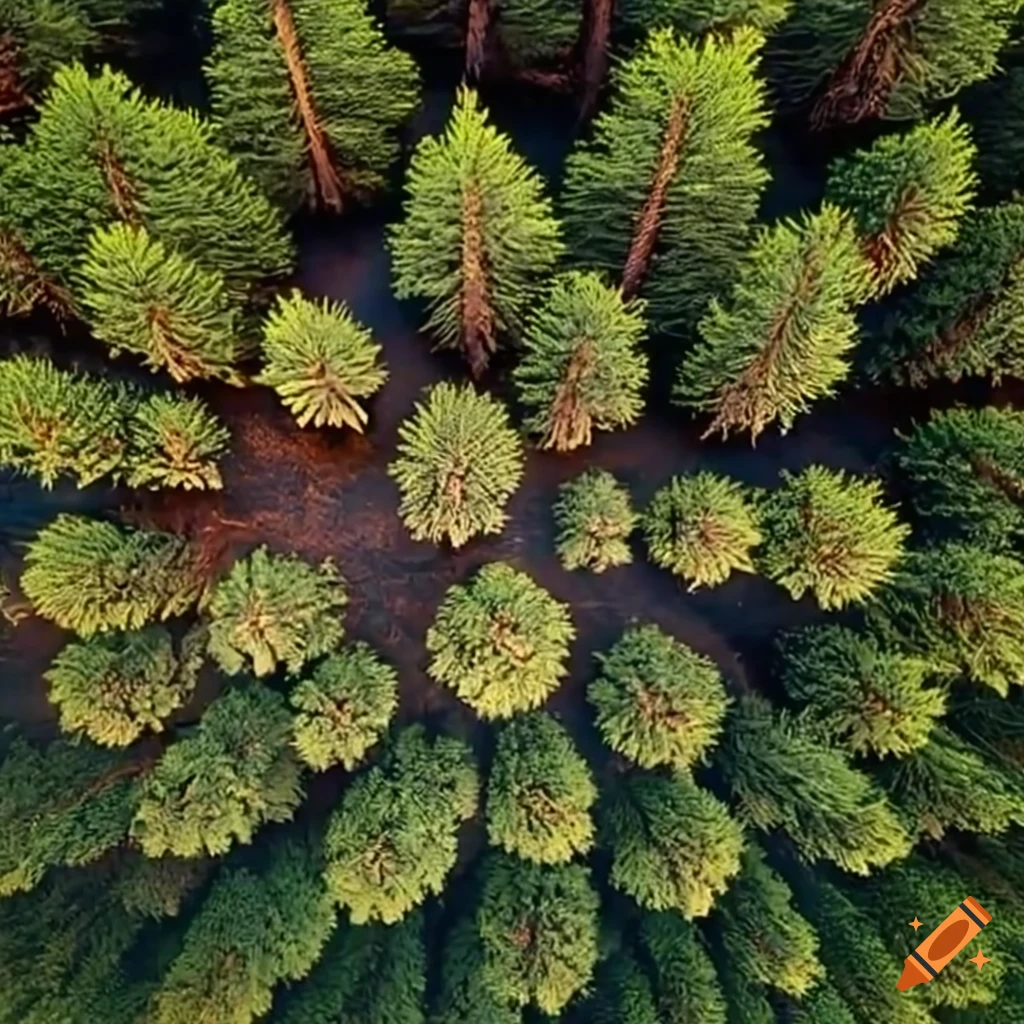 aerial view of a conifer tree covered in snow