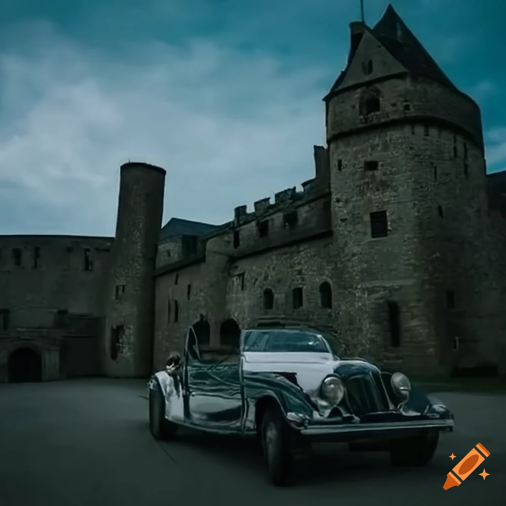 Car with wings in medieval castle on Craiyon