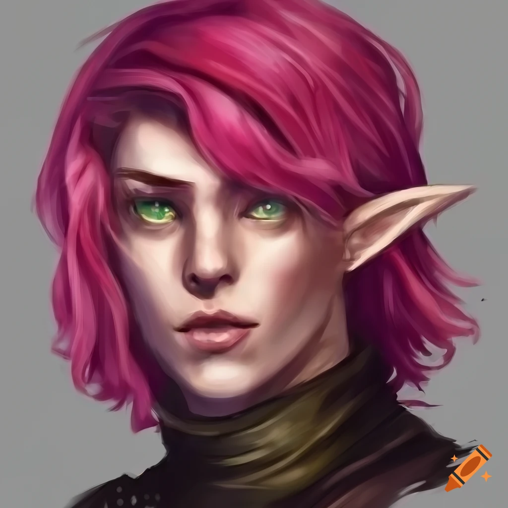 Artwork of a male half-elf with green eyes and pink hair on Craiyon