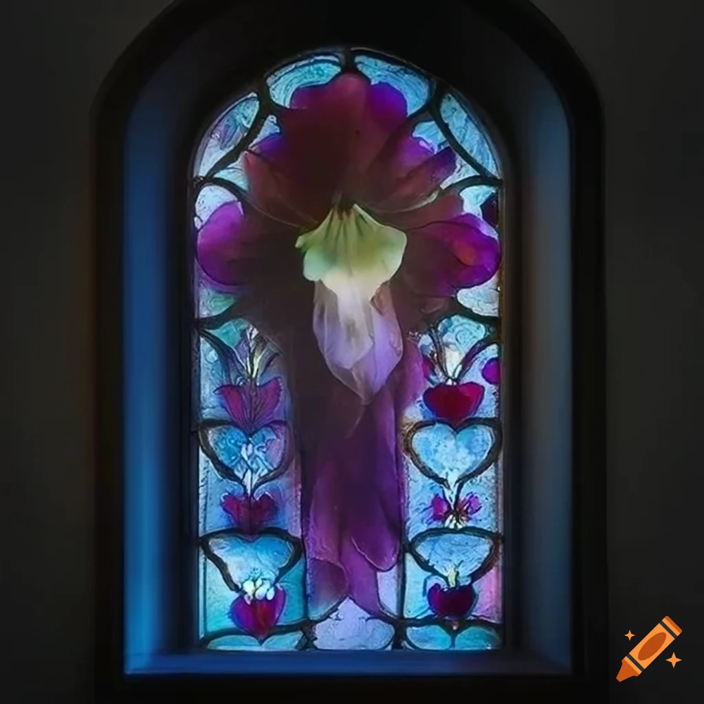 Gothic window with painted pansy flowers