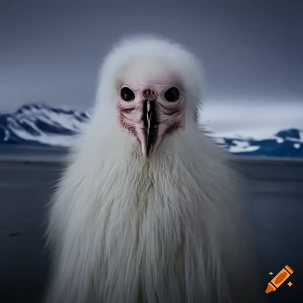 Creepy monster with long white fur in the arctic mountains on Craiyon