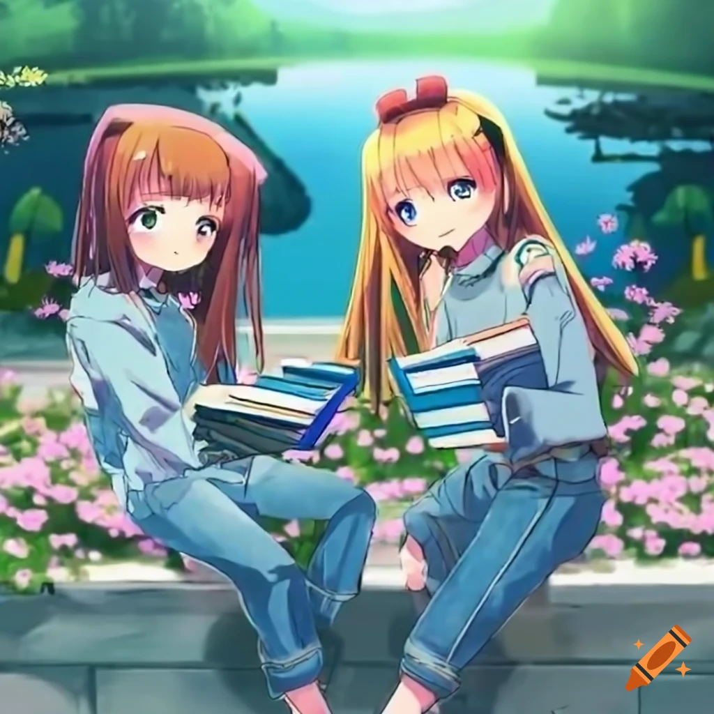 cheerful anime girls studying on a flowering terrace