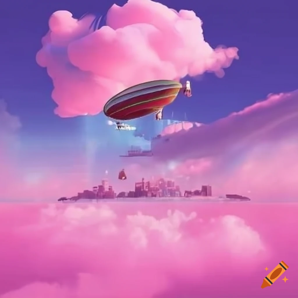 futuristic airship city floating in pink clouds