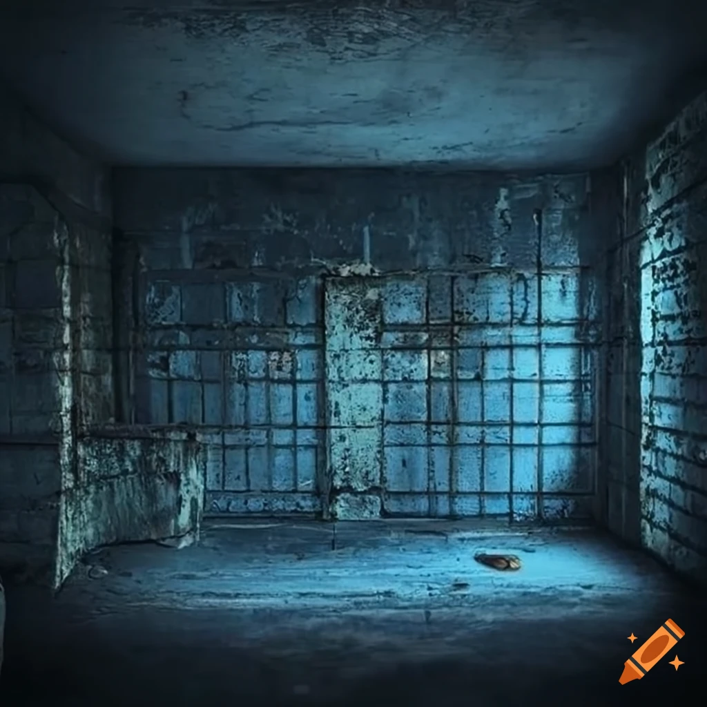 Blue prison room with rock wall and iron grate on Craiyon
