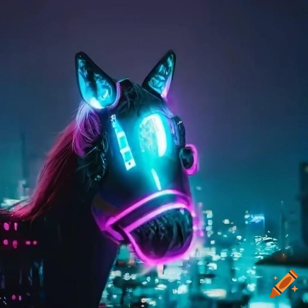 futuristic cyberpunk pony on a rain-soaked rooftop