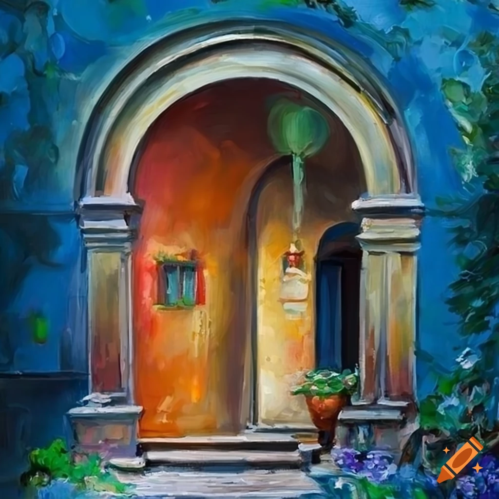 intricate oil painting of an Italian courtyard with a small house and beautiful blue hour lighting