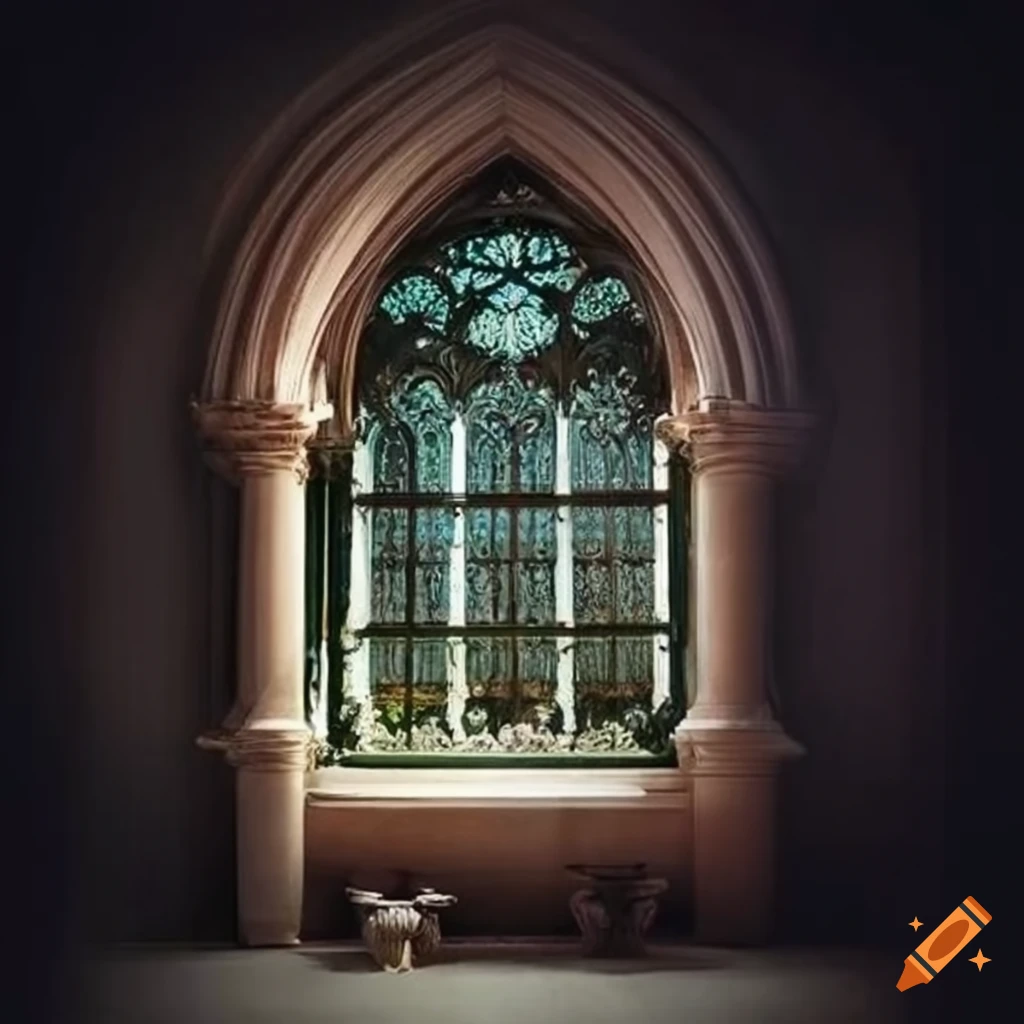 Gothic window with rococo pillars and pansy flowerlike design on Craiyon