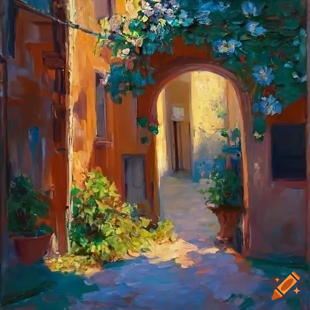 impressionist painting of an inviting Italian house with a beautiful courtyard