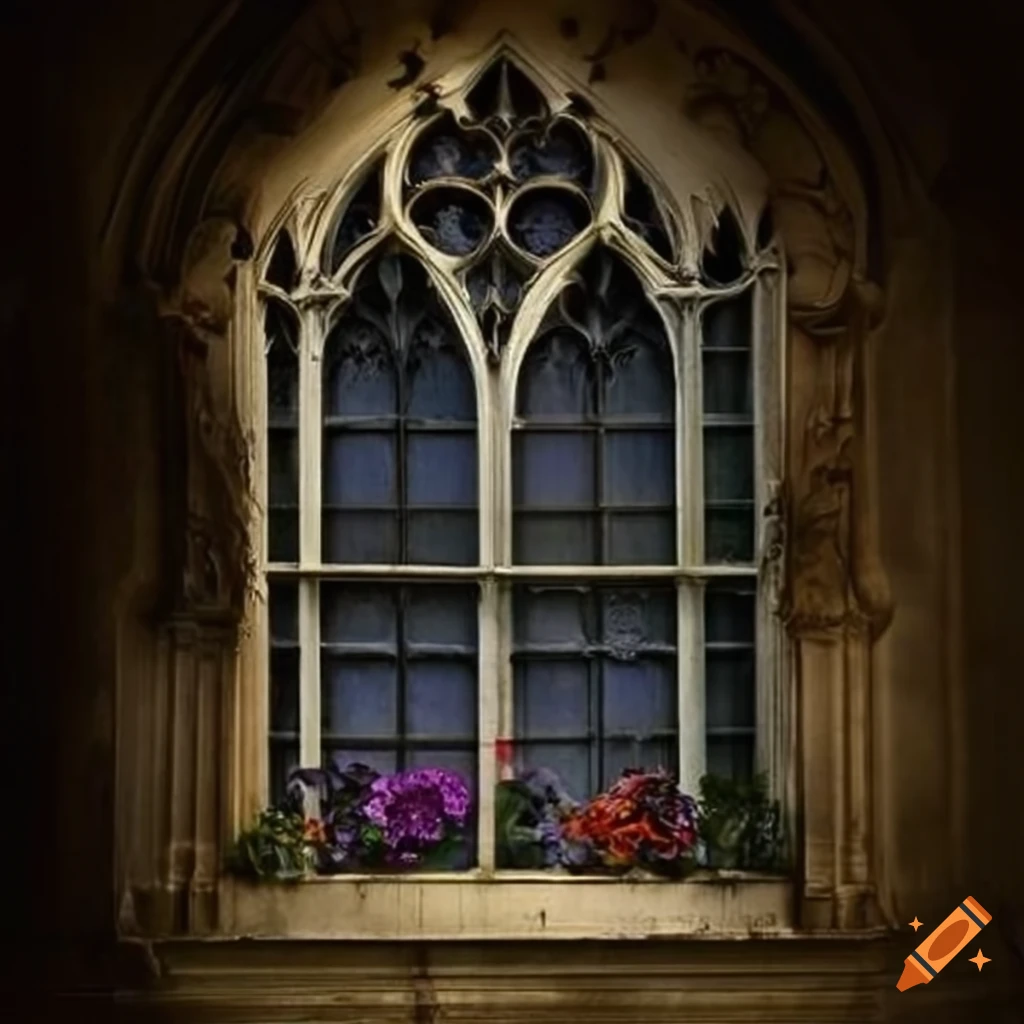 Gothic window with pillars and pansylike design on Craiyon