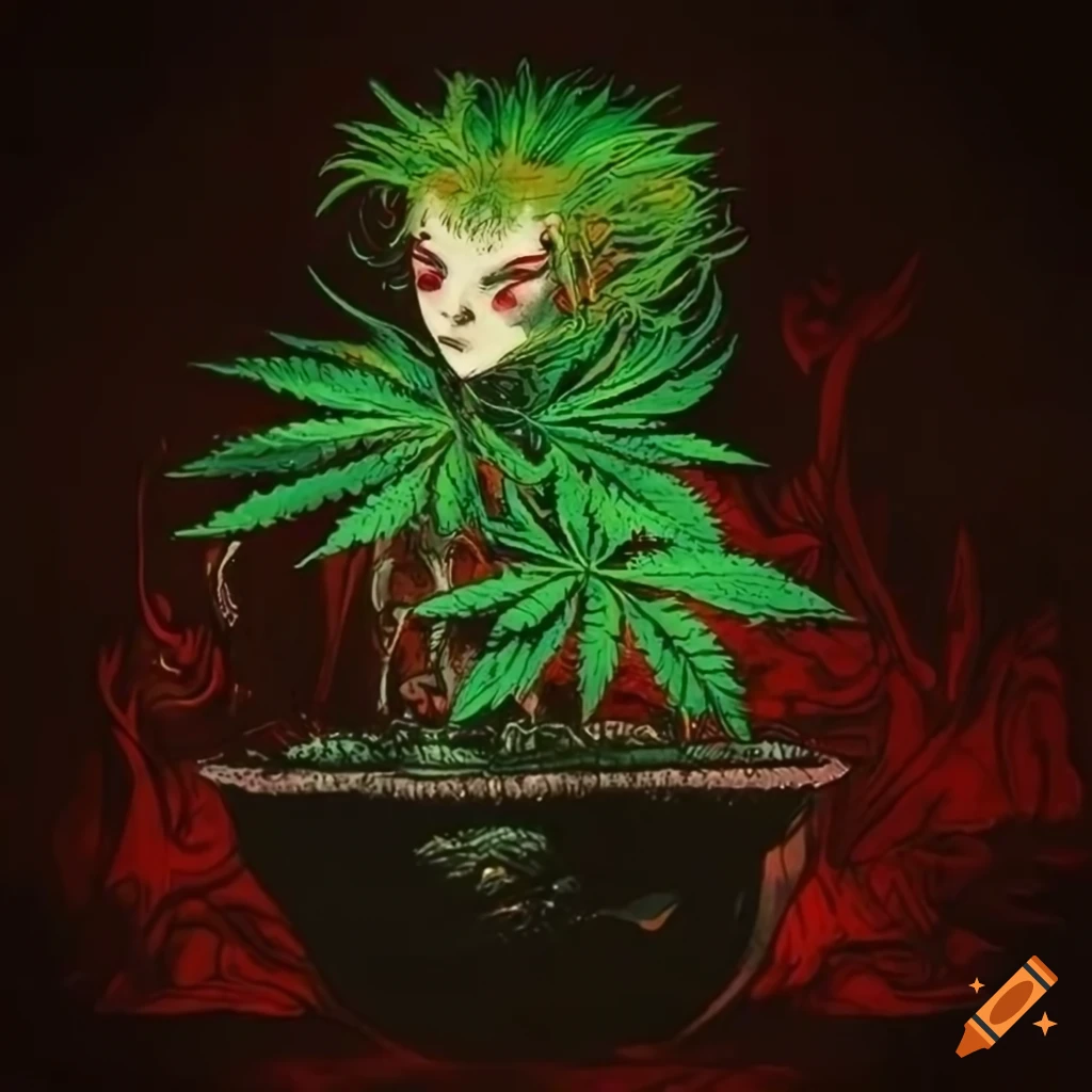 Yoshitaka Amano-style illustration of a marijuana plant with red eyes