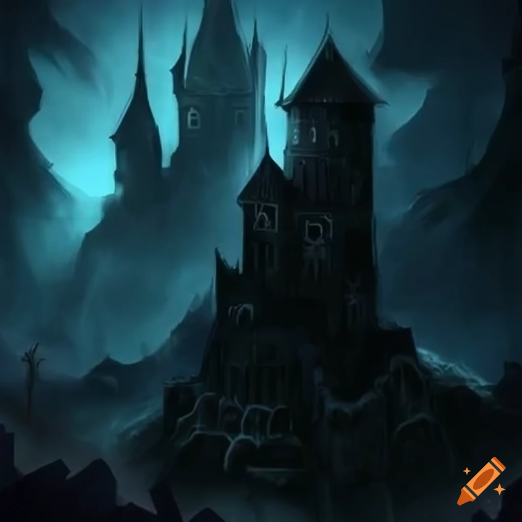 Night view of a mysterious castle with a vampire in the window