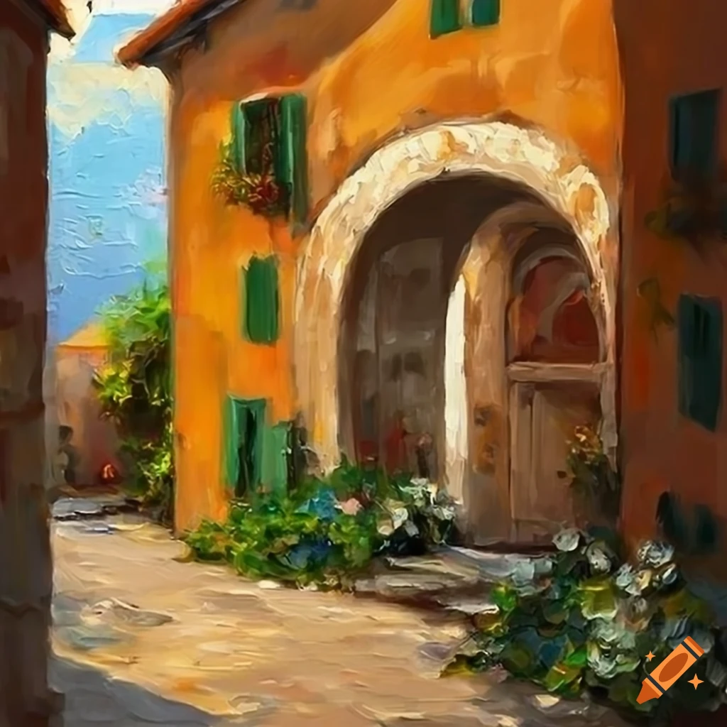 Oil painting of a charming italian courtyard on Craiyon