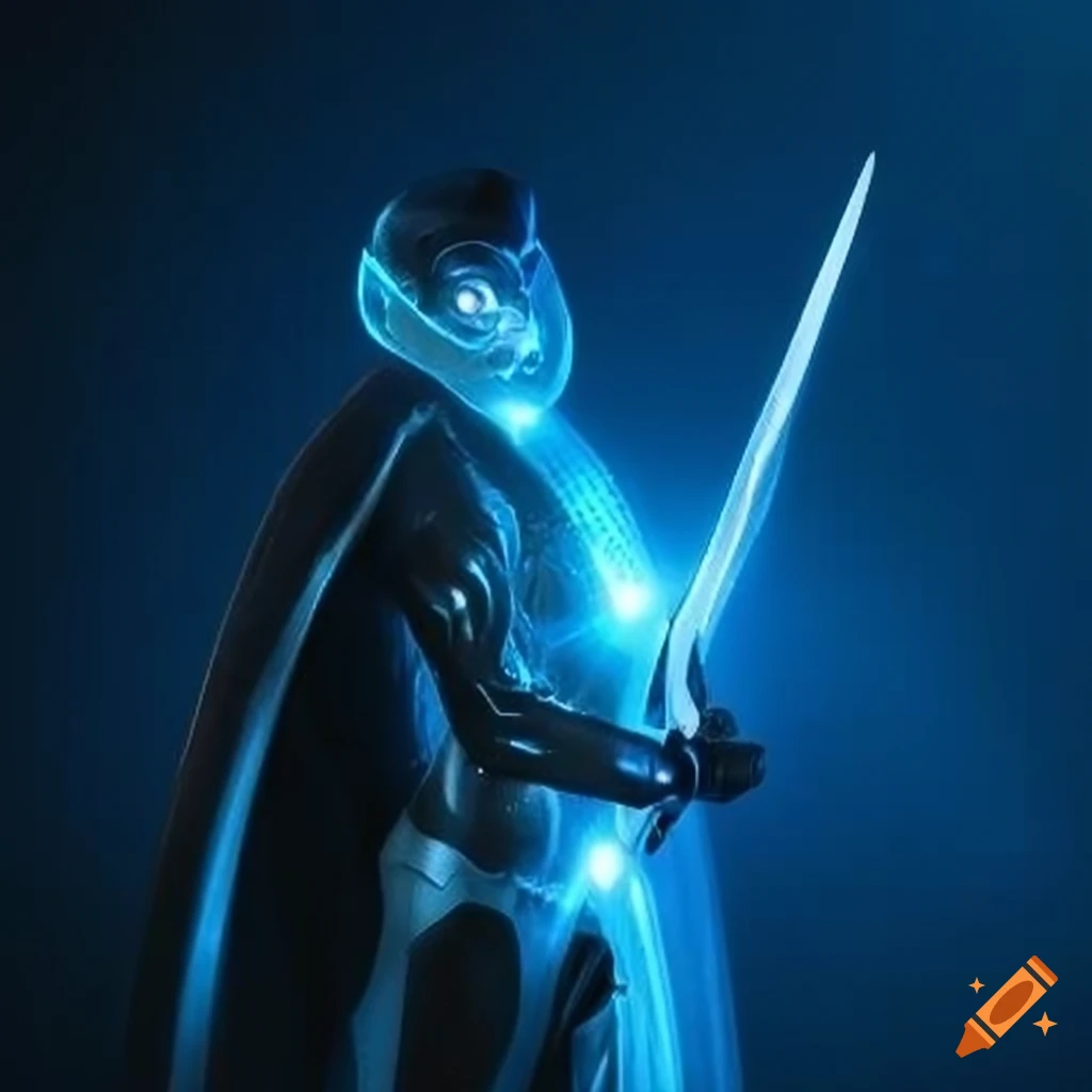 Futuristic guard with a blue glowing spear on Craiyon