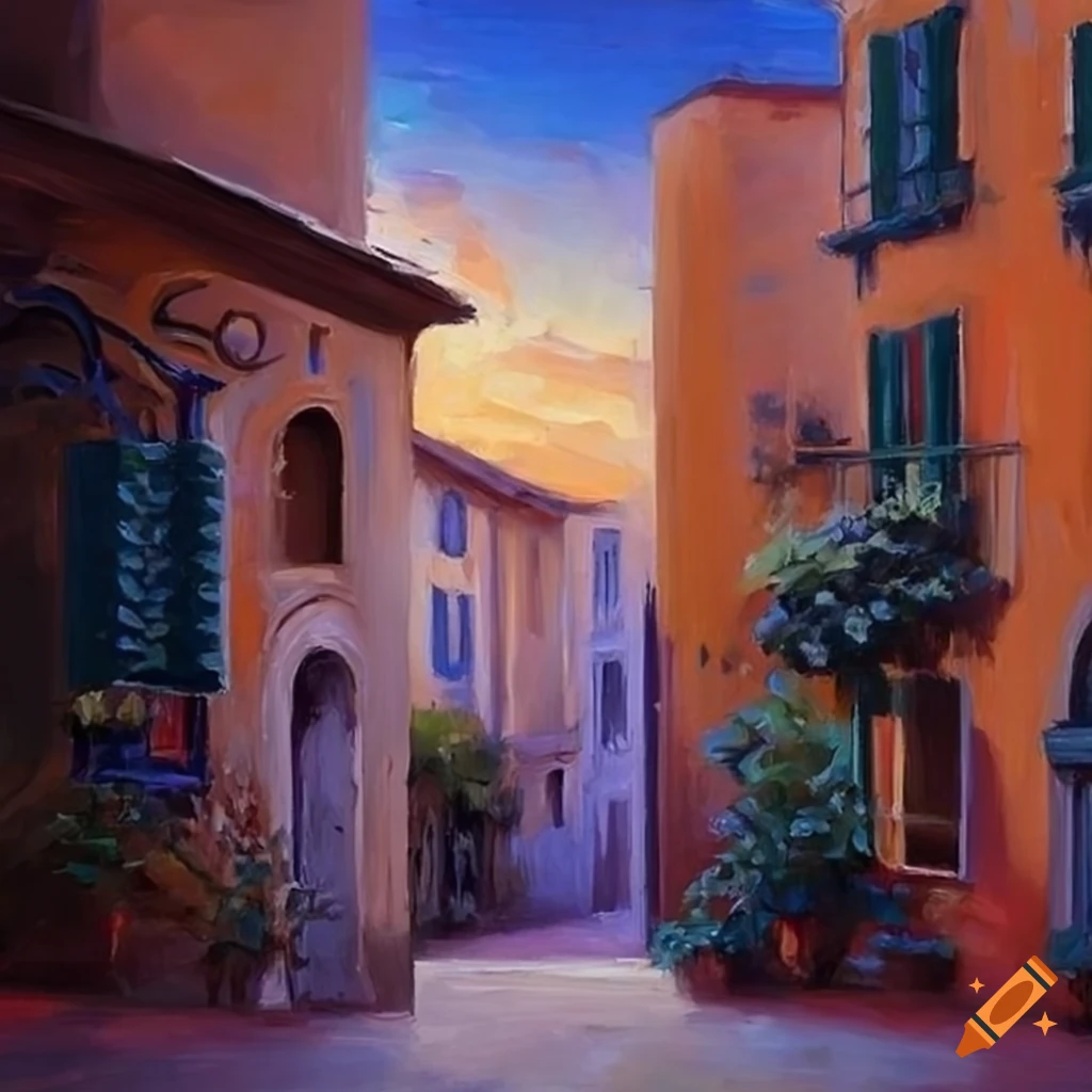 oil painting of a small Italian courtyard with vibrant colors