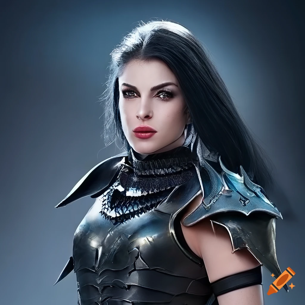 Determined female model warrior in dragon armor