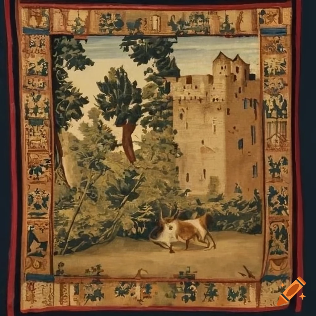 medieval tapestry with a woman and a dog under a tree