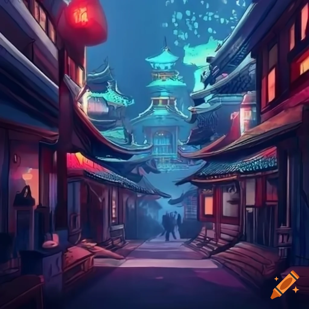 Anime-style cityscape with chinese-inspired architecture on Craiyon