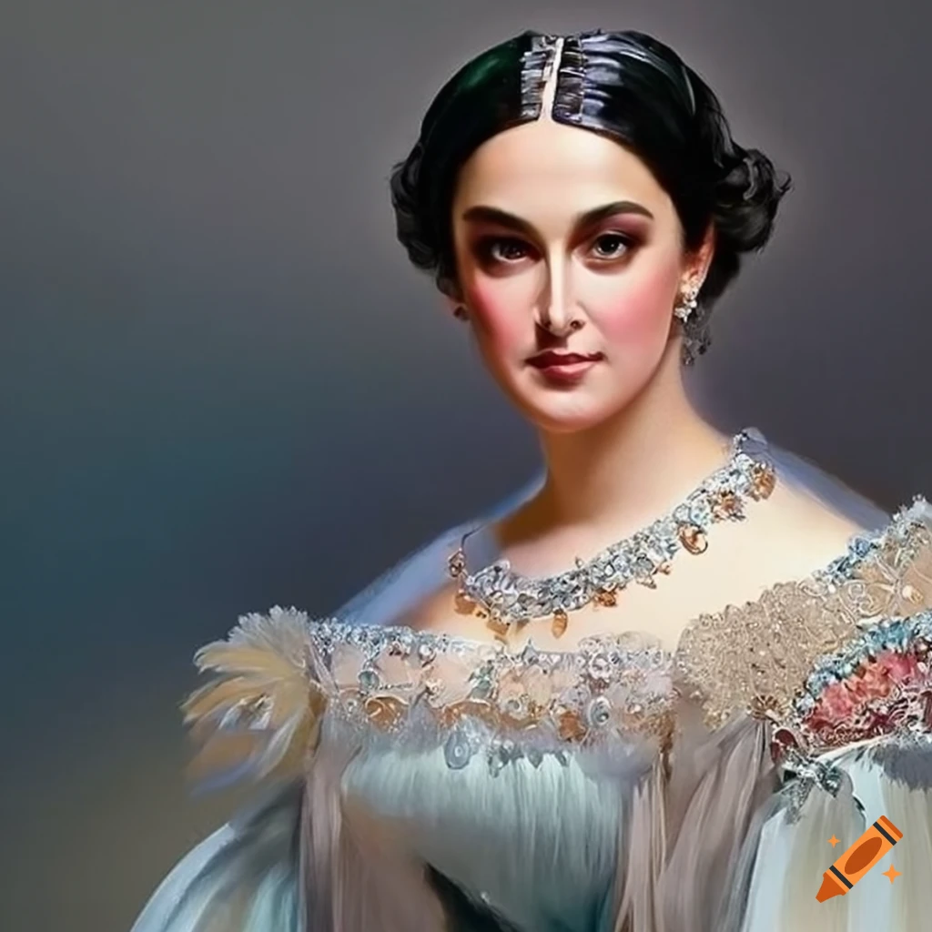 elegant portrait of a black-haired, blue-eyed woman in ornate 1850s fashion