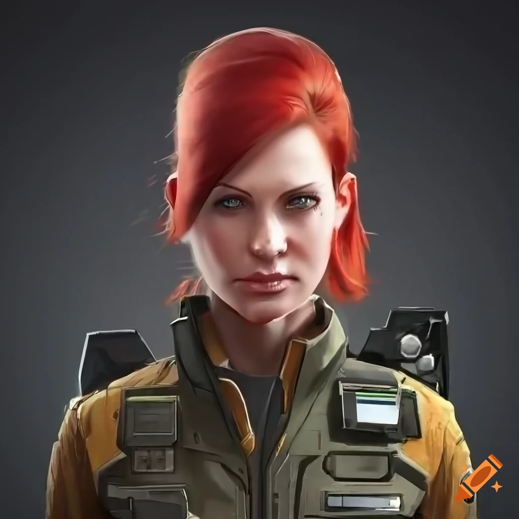 Photorealistic portrait of a female sci-fi pilot with red hair on Craiyon