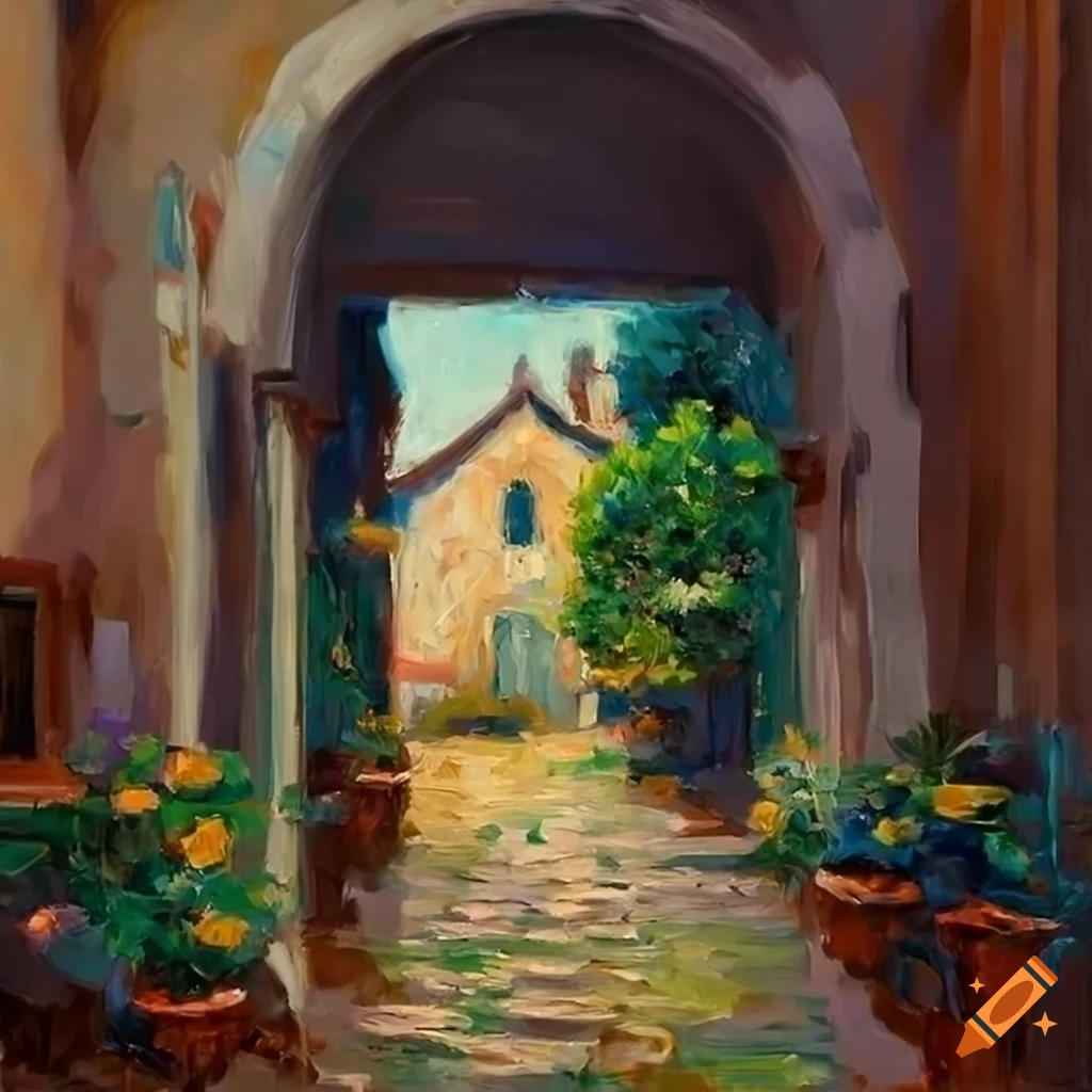 impressionist painting of an inviting Italian house with a beautiful courtyard