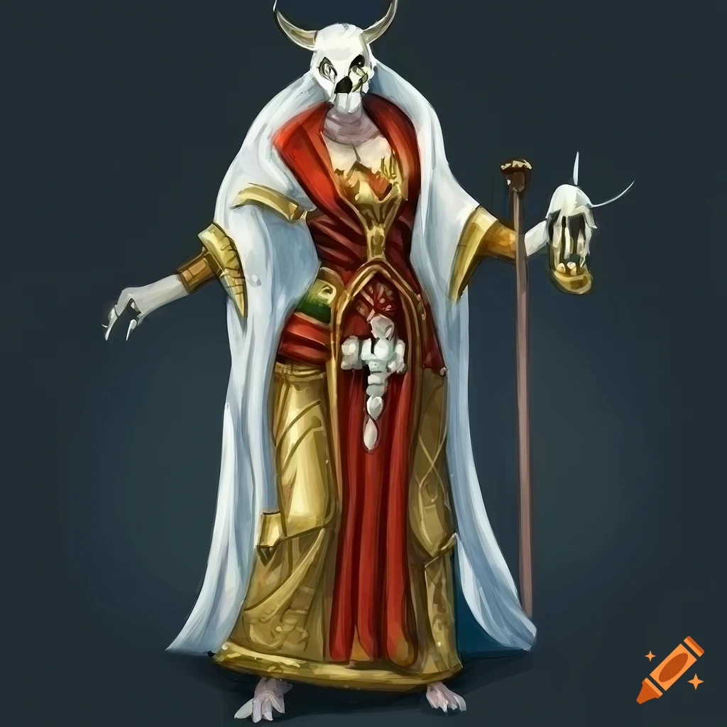 concept art of a priestress with a skull deer mask
