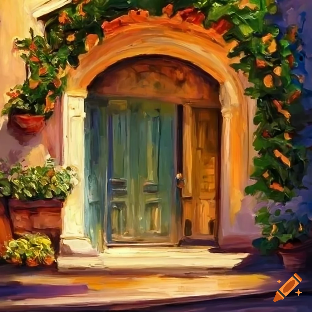 intricate oil painting of a small Italian house courtyard