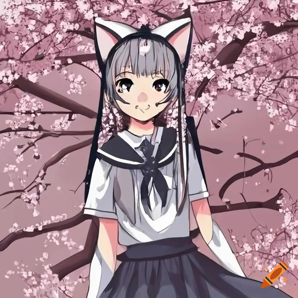 anime catgirl in school uniform with sakura trees