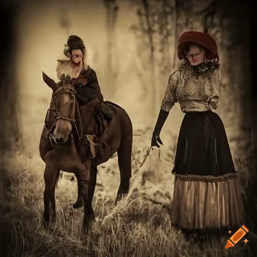 Alice and Claire riding zombie horse in post-apocalyptic Buffalo Wyoming
