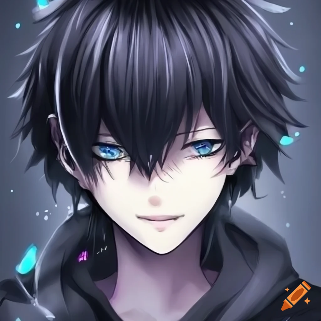 illustration of a cyan-eyed anime boy with black hair