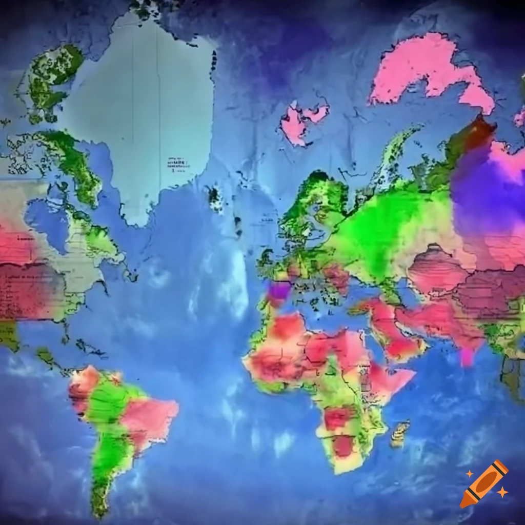 Artist's interpretation of a world map with infrared regions on Craiyon