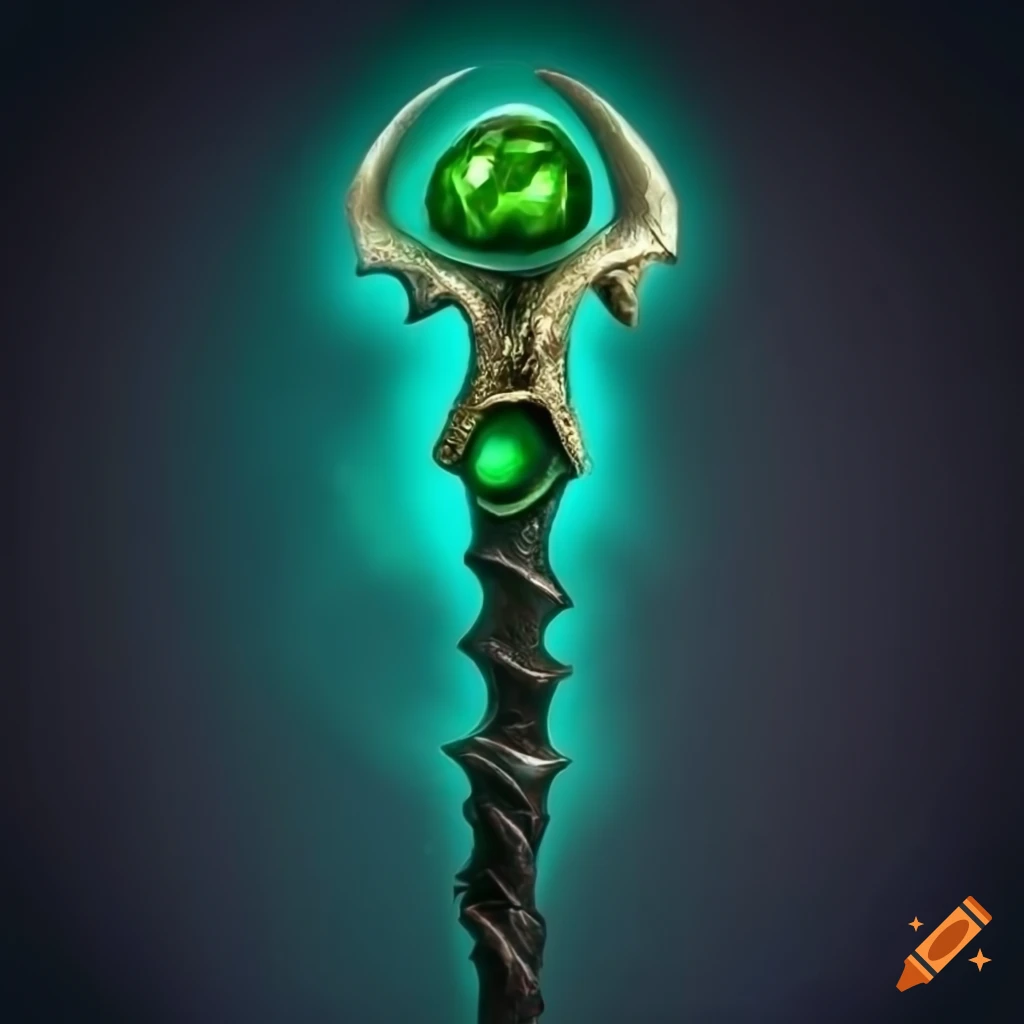 Photo Of A Dark Scepter With A Green Stone And Engraved Runes On Craiyon
