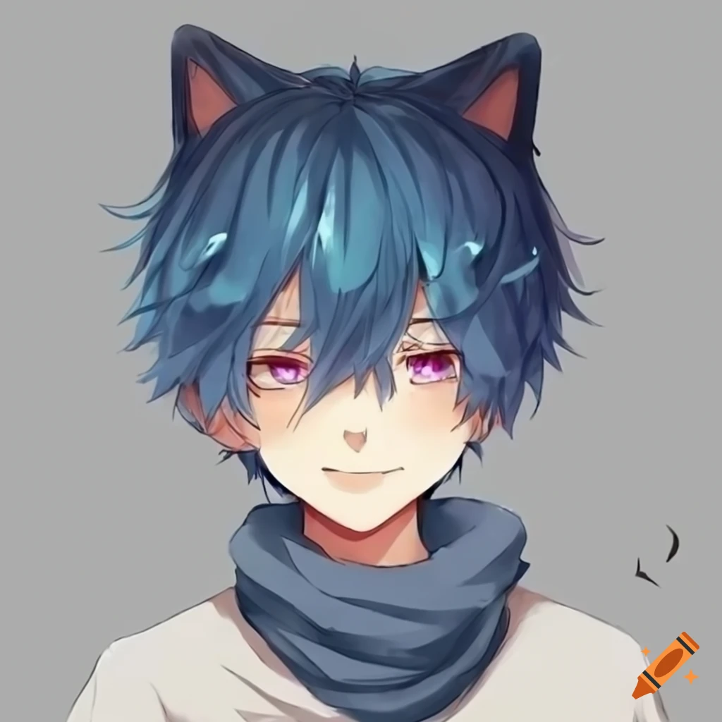 anime illustration of a cat boy with blue hair
